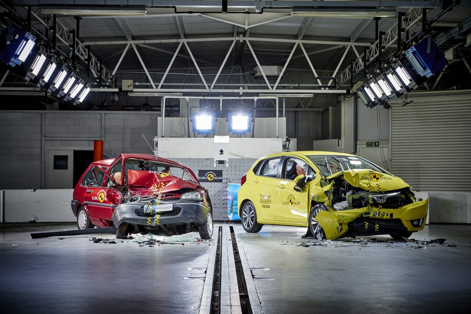 Euro NCAP 20th - the 1997 Rover 100 & a current Honda Jazz post-crash test. The Rover ‘safety cell’ is severely compromised, the driver compartment of the Jazz remains intact