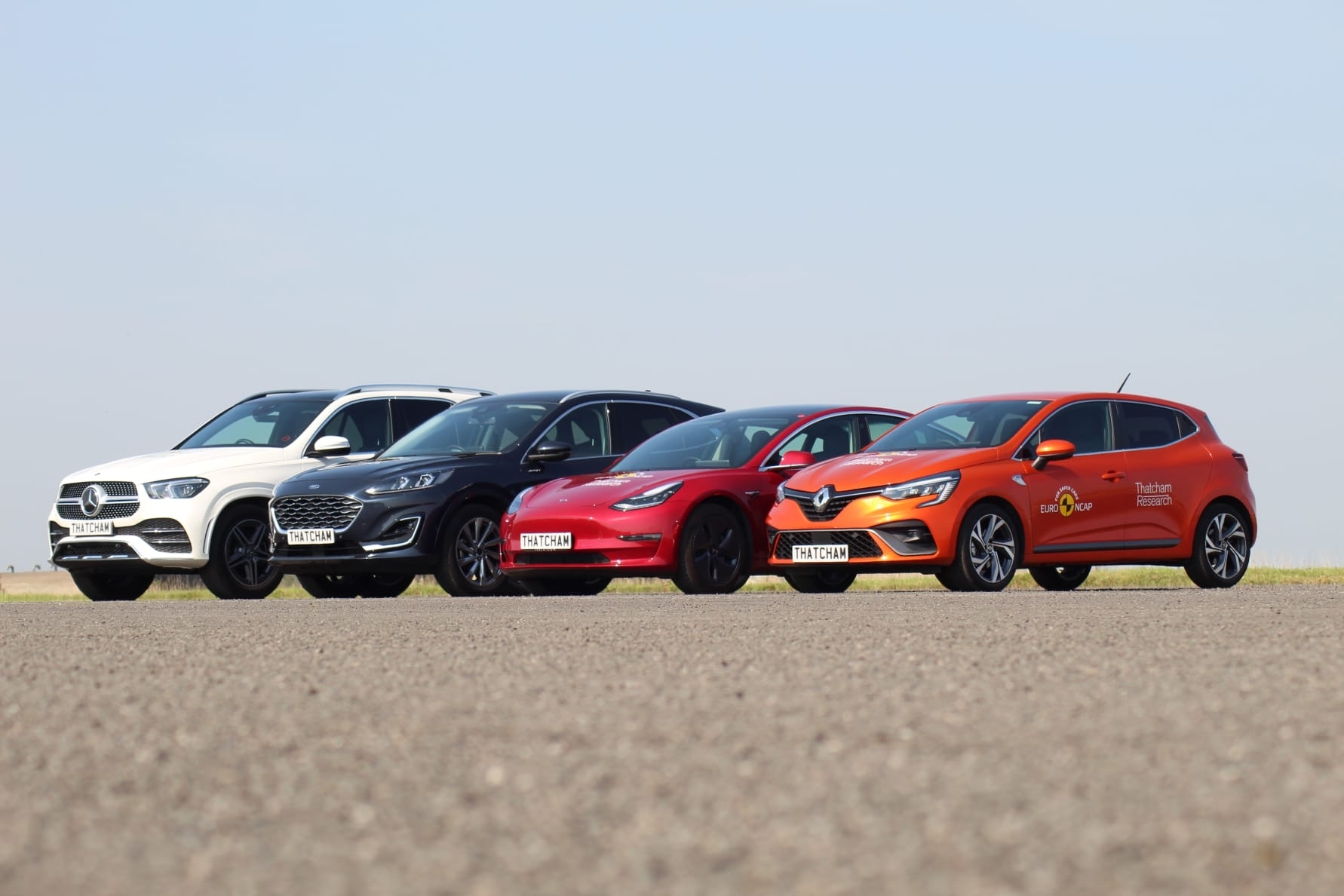 L-R, Mercedes GLE, Ford Kuga, Tesla Model 3, Renault Clio at the Thatcham Research test facility