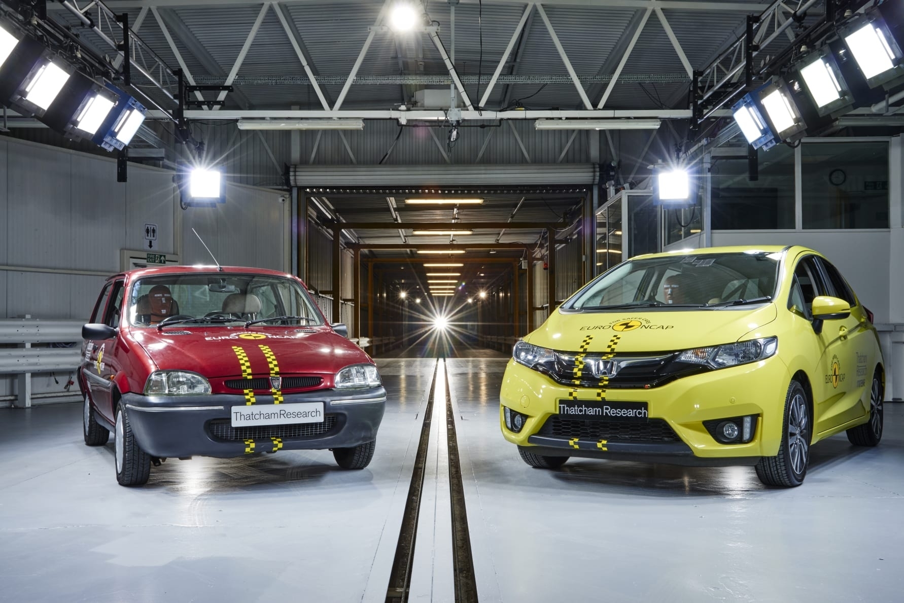 Euro NCAP 20th - the 1997 Rover 100 and a current Honda Jazz line up in the Thatcham Research Crash Lab