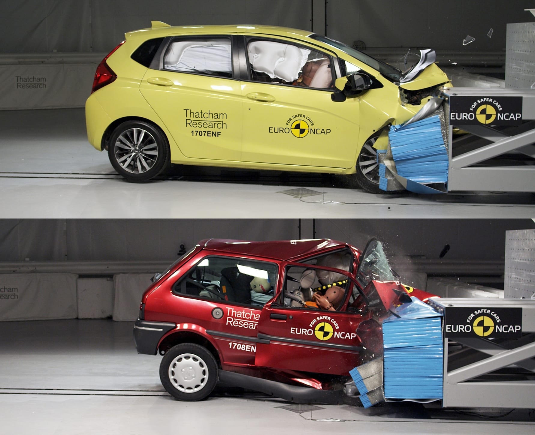 uro NCAP 20th Anniversary – Thatcham Research crash tests the 1997 Rover 100 and a current Honda Jazz, dramatizing 20 years of advances in car safety
