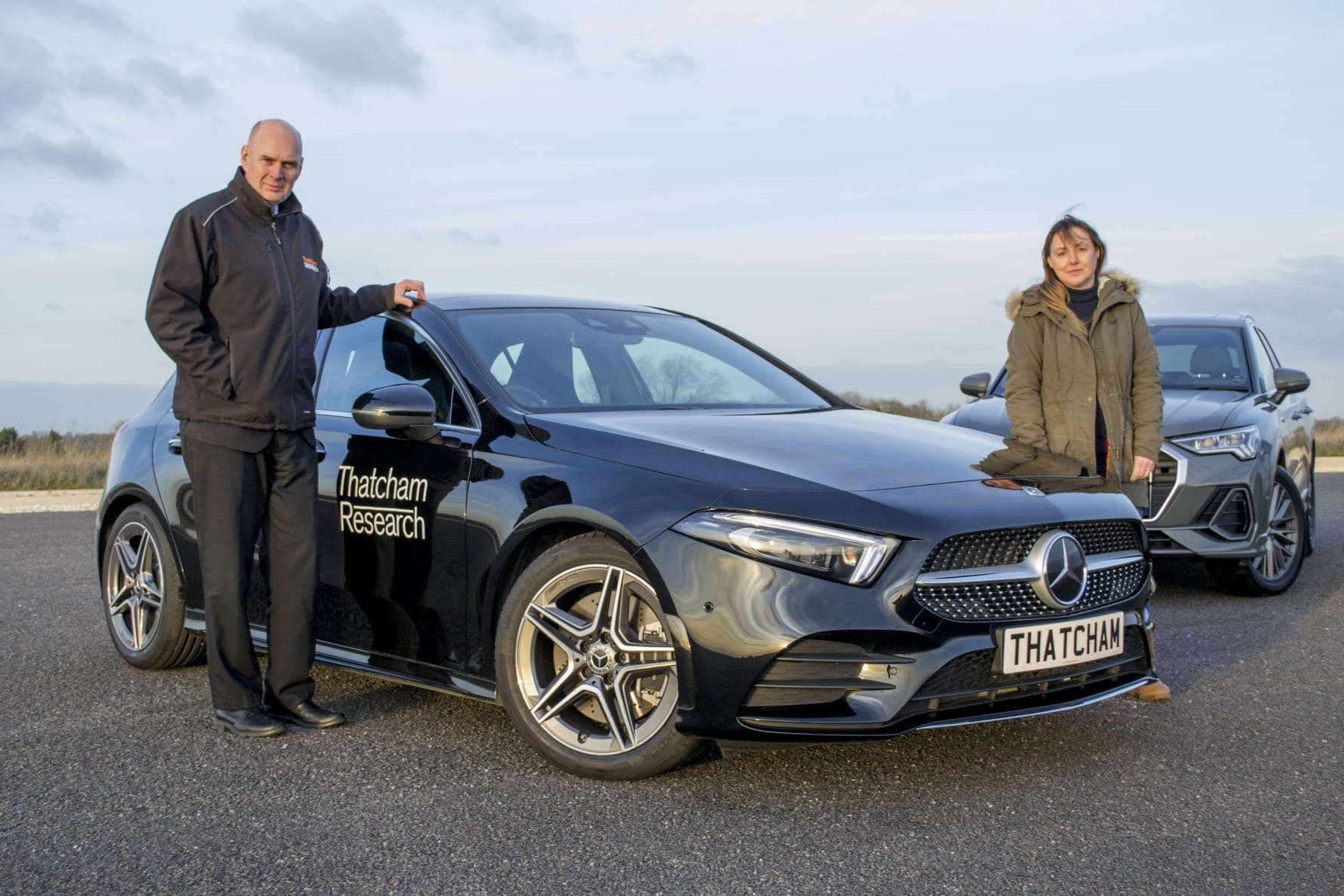 Matthew Avery, director of research, Thatcham Research and Claire Evans, consumer editor, What Car with the Mercedes A-Class