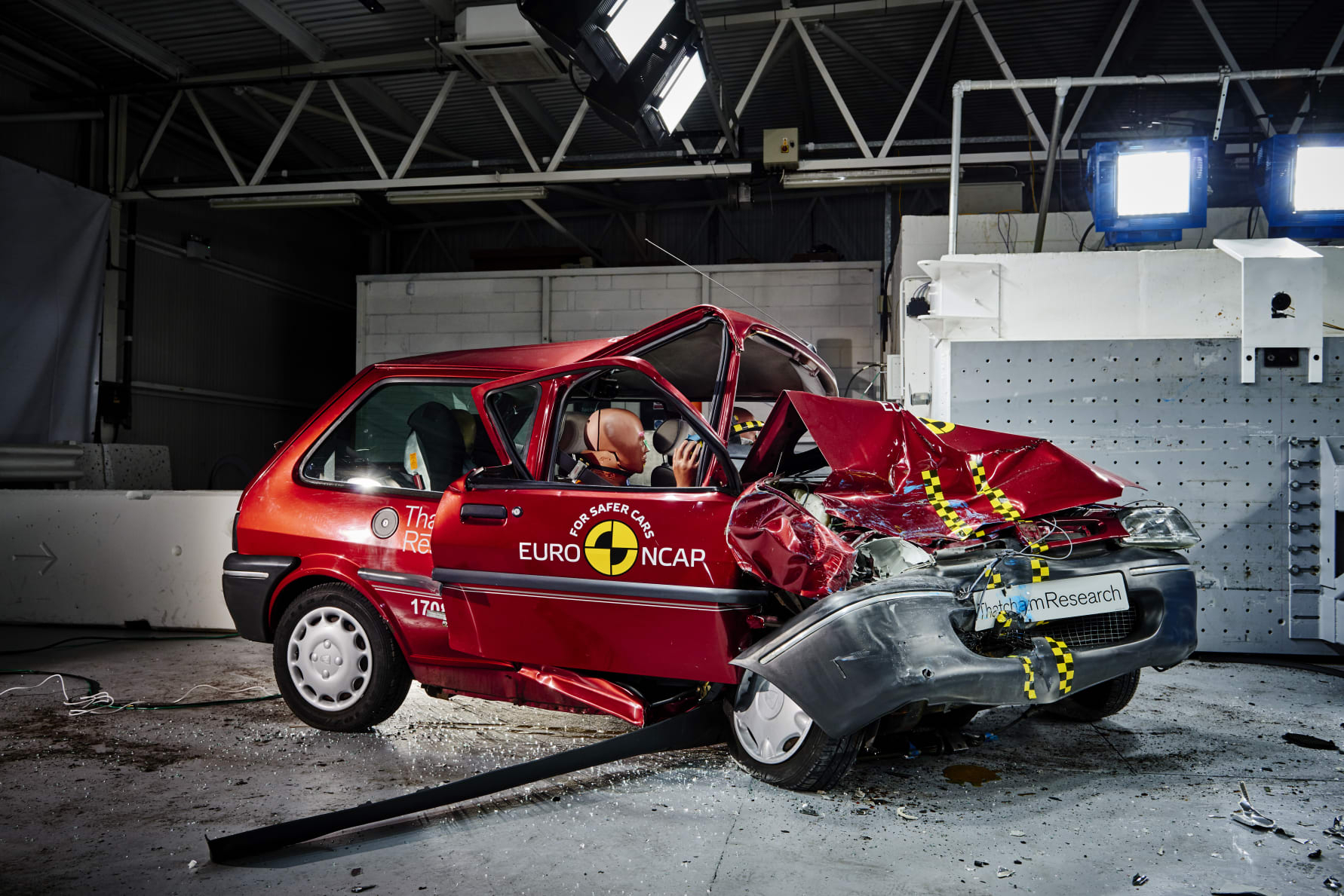 Euro NCAP 20th – the 1997 Rover 100 shortly after a 40mph frontal offset crash test in the Thatcham Research Crash Lab