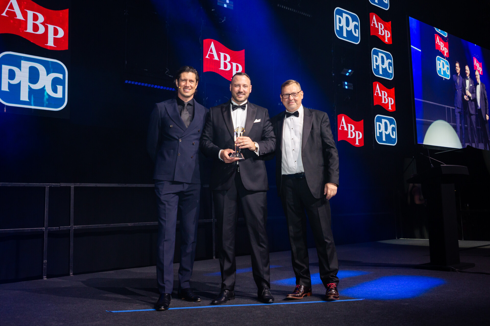Vernon Kay, Mentor of the Year winner Danny Newton and Dean Lander, Thatcham Research